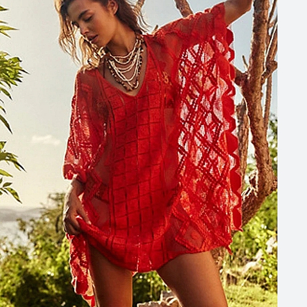 NWOT Free People FP Intamately Sunshine Crochet Kaftan Swim Cover Red